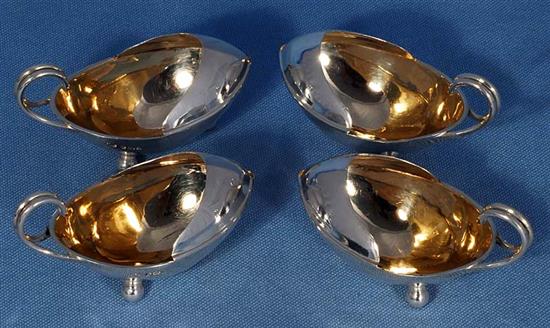 A unusual set of four Edwardian silver salts, length 90mm, weight 4oz/125grms.